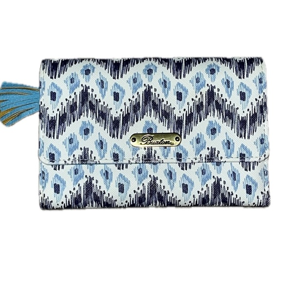 Buxton Multi-Pattern Print Tassel Bi-Fold Women’s Wallet, Blue & White - Picture 2 of 16